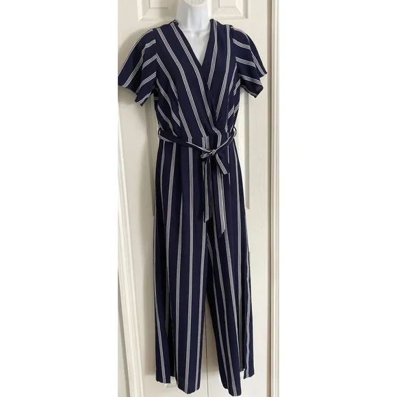 Monteau Los Angeles Sz M Blue White Stripe Casual/Lounge Jumpsuit Slit Wide Leg - Picture 9 of 10